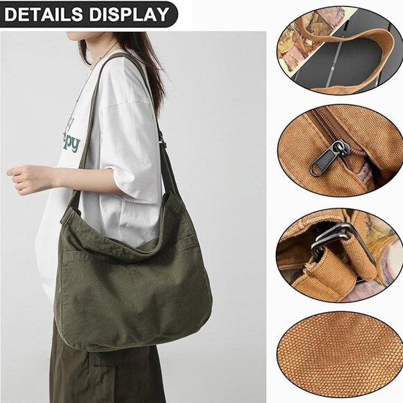 Canvas Crossbody Bag Large Capacity Travel Shoulder Hobo Purse for Women - Picture 3 of 6